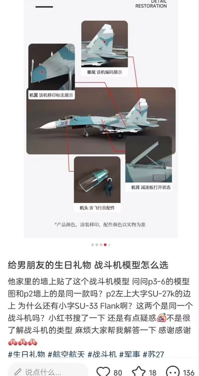 这是一张竖版的手机社交媒体截图，内容是小红书用户发布的求助帖：用户打算给男朋友挑选战斗机模型作为生日礼物，因不了解苏系战斗机的相关型号发帖求助。图的上半部分展示了一款蓝白迷彩涂装的苏系战斗机模型，并用引线标注了四个细节：机翼移印标志、垂尾编码、含飞行员配件的机头、打开状态的机背减速板，下方标注说明“*产品颜色、涂装移印、配件颜色以实物为准”；下半部分是发帖人的文字提问，用户称男友家中墙上贴了该战斗机相关内容，疑惑自己看的模型和墙上的是否为同一款，同时提问为什么SU-27k标识旁会标注SU-33 Flank，二者是否为同一种战斗机，表示自行搜索后仍有疑惑，求助网友解答，最后附带了相关话题标签，截图底部显示该帖子互动数据为获赞80、收藏18、评论136。