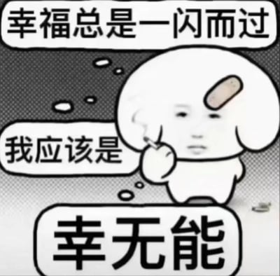 图片中是一个头部贴着创可贴的卡通小人，左手夹着香烟，表情略显无奈。上方文字为“幸福总是一闪而过”，左侧文字“我应该是”与底部大字“幸无能”相呼应，通过谐音和拆分词语（“幸福”的“幸”与“无能”组合）形成自嘲，表达对幸福难以把握的无奈感受。