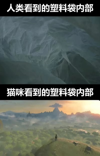 图片为上下对比结构，上方标题为“人类看到的塑料袋内部”，画面呈现深色、褶皱的塑料纹理，质感粗糙单调，如同普通塑料袋的真实内部；下方标题为“猫咪看到的塑料袋内部”，则是一幅色彩丰富的奇幻 landscape：绿色山丘连绵，远处有城堡轮廓，天空被夕阳染成橙黄色，云雾缭绕，展现出猫咪眼中塑料袋可能是充满冒险的神秘世界。通过强烈的视觉反差幽默表现人类与猫咪对同一事物的不同认知。
