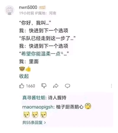 这是哔哩哔哩用户nwn5000发布的一条玩梗评论，模拟了在带有选项的互动场景（如互动视频、互动游戏）中，对铺垫类的选项全部选择跳过，直到看到带有暧昧暗示的选项时，直接选择核心内容，玩了一个直奔主题的梗。评论区还有其他网友的玩梗回复。

暗示说明：最后一句选项“希望你能温柔一点😳...”带有暧昧低俗暗示，回复“里面”是直奔这类内容的核心互动选项，属于低俗玩梗。