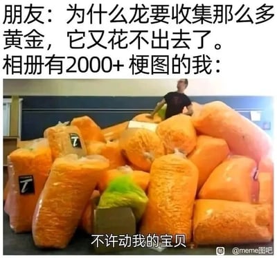 这是一张经过旧图再创作的图文混排搞笑梗图，上方通过朋友的疑问“为什么龙要收集那么多黄金，它又花不出去了”引出话题，随后点明“相册有2000+梗图的我”，下方配图是一名男子紧张地趴在一大堆橙色包裹后方，配文“不许动我的宝贝”。该图将梗图爱好者收集大量梗图却很少使用的行为，类比成龙类收集黄金的行为，精准且生动地表现出这类人群对自己收藏的梗图的珍视与执念——即便这些梗图可能很少被实际使用，也依然会像守护珍宝一样守护着它们，用幽默的方式引发有相同收集习惯的网友的共鸣。