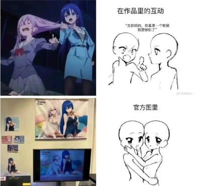 这是一张对比类二次元梗图，分为上下两组、左右四格布局：
1. 左上是原创动画《契约之吻》的正片截图，紫发的夕桐绫乃被蓝发的木更扯着头发，两人情绪激动、争吵对峙；
2. 右上是对应场景的简笔画配文，文字为“去你妈的，你真是一个狗屎 我受够你了”，直观还原正片里两人剑拔弩张的敌对互动；
3. 左下是展示《契约之吻》官方宣传图的实拍画面，图中木更和夕桐绫乃穿着性感服饰亲密同框；
4. 右下是对应官方图的简笔画，两人相拥贴贴，和正片的冲突形成强烈反差。
这张图玩的是「官方刻意卖CP但正片里角色却是敌对关系」的反差梗，用强烈的对比制造搞笑效果。