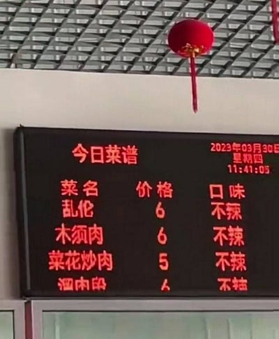 图片展示了某食堂的电子菜谱显示屏，屏幕上以红色LED字体显示“今日菜谱”，顶部标注日期为2023年03月30日星期四，时间11:41:05。菜单包含“菜名”“价格”“口味”三列，其中菜名出现明显文字错误，如首项显示为“乱伦”（疑似输入错误或系统故障），另有“泗内郎”等不明菜名，其余正常菜名如“木须肉”“菜花炒肉”价格分别为6元、5元，口味均标注“不辣”。显示屏上方悬挂着一个红色灯笼，背景为金属格栅天花板，整体场景为食堂内的真实拍摄，因菜名错误产生搞笑效果。