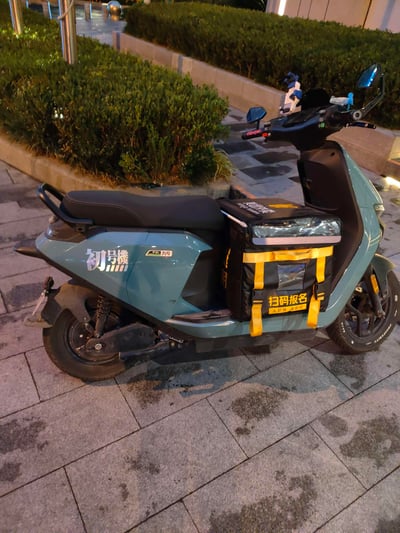 这是一张夜晚户外拍摄的照片，主体是一辆青灰色九号电动车，车身侧面贴有《新世纪福音战士》EVA的“初号機”贴纸，踏板位置固定着美团外卖配送箱，箱身印有“美团外卖”和“扫码报名 入职快 体验好”的招聘字样。车辆停放在石砖地面上，背景是修剪整齐的绿植花坛，是二次元元素与外卖工作场景结合的日常画面，没有双关、谐音梗或暗示内容。