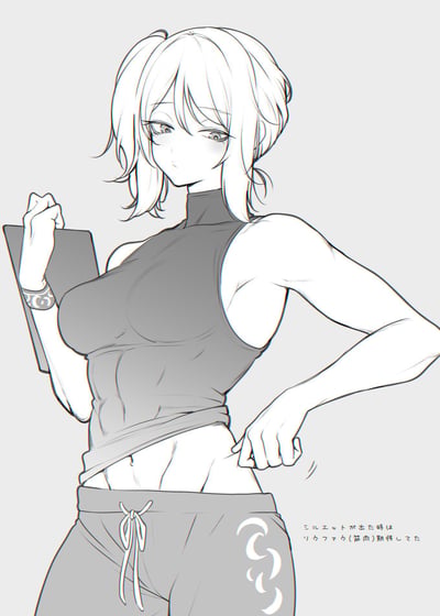 A black and white anime-style line drawing of a young woman with short blonde hair in pigtails. She has a fit physique with visible abdominal muscles and is wearing a sleeveless turtleneck top and sweatpants with a distinctive spiral design. The character is posing confidently while lifting her shirt slightly to reveal her abs with one hand, and holding a book in her other hand. She has a confident and slightly seductive expression on her face. There is Japanese text in the bottom right corner that reads: 'ここにエッセイが出た時はリクエスト(露骨)期待してた' which translates to 'When the essay came out here, I was expecting a (explicit) request'.
