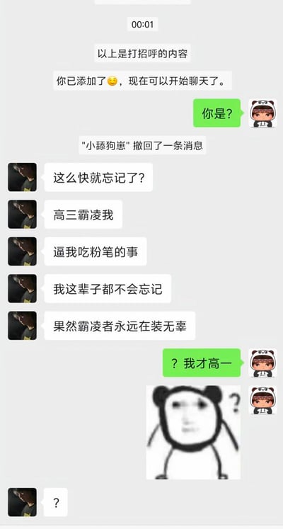 这是一张模拟微信聊天的搞笑梗图，对话全程充满乌龙：一方添加好友后，对方上来就愤怒指责对方曾在高三霸凌自己、逼自己吃粉笔，还吐槽“霸凌者永远在装无辜”，结果添加好友的一方表示自己才是高一学生，随后发出熊猫头问号表情包，对方也回了问号，完美演绎了认错人的大型尴尬社死现场，笑点拉满。