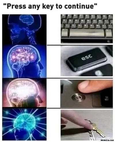 这是一组由四组左右对比图拼接成的连环静态梗图，顶部配有英文提示语“Press any key to continue”，这是电脑操作场景中十分常见的提示文字，意为“按任意键继续”。图中通过四组不同的大脑状态和对应操作，展现了对这句话的不同理解：第一组是常规理解，普通大脑对应按任意键盘按键；第二组是常见操作，活跃大脑对应按键盘上的esc键；第三组是脑洞操作，高亮大脑对应按主机电源键；第四组是极致字面化的荒诞操作，光芒四射的大脑对应按物理钥匙，利用英文“key”同时具有“键盘按键”和“钥匙”的多义性，制造出层层递进的荒诞搞笑效果，精准戳中程序员和电脑使用者的日常共鸣。