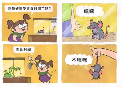 四格连环漫画展现了一场零食时间的搞笑反转。第一格：扎双马尾的小女孩穿着绿上衣紫裙子，开心地俯身对着鼠笼问“准备好享受零食时间了吗？”，笼内小老鼠正抬头望。第二格：从小老鼠视角，只露出人的绿上衣紫裤子部分，小老鼠得意地想着“嘿嘿”。第三格：小女孩兴奋地举起小老鼠，将其悬在有绿色蛇的玻璃缸上方，大喊“零食时间！”，蛇正吐着信子抬头。第四格：被吊起的小老鼠表情惊恐，内心想法变成“不嘿嘿”。通过小老鼠前后心理的反差制造幽默效果。