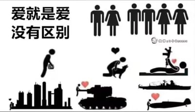 这是一张充满反讽意味的黑白梗图，左上角以醒目大字标注“爱就是爱 没有区别”，画面上方第一行依次展示了异性恋、男同性恋、女同性恋的简笔画情侣图标，看似在倡导多元恋爱平等的理念。但画面下方却呈现了一系列荒诞猎奇的“爱恋”场景：人与马桶、人与狗、人与带支架的椅子、人与城市建筑群、人与坦克、人与军舰、人与潜艇，每个场景都配有爱心符号来暗示“爱恋”关系。图中通过将正常的多元恋爱关系与违背常识、跨物种跨物品的极端“爱恋”强行并列的方式，用夸张、反差的荒诞感，反讽那些不加区分、盲目宣扬所有“爱”都具备合理性的观点，以戏谑的手法制造讽刺效果。