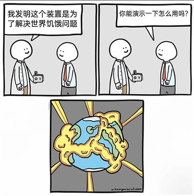 这是一组充满黑色幽默的连环卡通漫画，共三格。第一格中，一位身着白大褂的科研人员手持小型装置，微笑着向身旁穿衬衫打领带的男子介绍，称自己的发明是为了解决世界饥饿问题；第二格中，衬衫男子面带微笑，向科研人员提出演示装置用法的请求；第三格则展示了装置启动后的结果：整个地球被包裹上类似油炸食物的金黄外壳，仿佛变成了可供食用的巨大食物，用这种极端且荒诞的方式来呼应“解决饥饿”的初衷，通过夸张的剧情制造出强烈的反差笑点，讽刺了不切实际的极端解决方案。