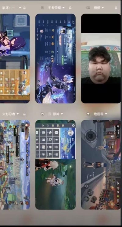 这是一张手机设备的界面截图，展示了六个分类文件夹：
1. 「崩坏：…」：内含崩坏系列游戏的角色展示界面与道具界面，角色为雷电芽衣；
2. 「王者荣耀」：展示了游戏内英雄澜的皮肤展示界面与个人信息界面；
3. 「相册」：包含一张表情沮丧、面无表情的胖男孩真人照片；
4. 「火影忍者」：展示了火影忍者手游的地图探索界面；
5. 「云·原神」：包含原神的背包界面与野外场景，可见角色旅行者与派蒙；
6. 「绝区零」：展示了绝区零的街头战斗操作界面。
整体是用户整理的游戏截图与个人照片的分类集合，热门手游与真人照片形成一定反差感，无双关、谐音梗或暗示内容。