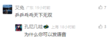 这是一张社交媒体评论区的屏幕截图，呈现了两条用户评论的趣味互动。第一条评论来自标注所在地为广东的用户“文兔”，发布于19小时前，获7个赞，评论内容为“乒乒乓乓天下无双”，这句话带有强烈的拟声效果，同时也是大众熟悉的语音内容的文字化表达；第二条评论来自标注所在地为上海的用户“孔尼几哇”，发布于18小时前，获3个赞，评论内容为“为什么你可以发语音”，是针对第一条评论的玩梗互动，因为第一条的文字内容会让读者产生“听到对应声音”的联想，仿佛这条评论是语音形式发出的，形成了有趣的网络玩梗场景。