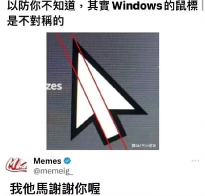 这是一张吐槽无用冷知识的社交媒体梗图，顶部配文为“以防你不知道，其实Windows的鼠标是不对称的”，中间展示了Windows系统默认的白色箭头鼠标指针图案，图案上叠加了两条红色参考线，直观体现出该鼠标指针的左右两侧确实不对称，图右下角标注了翻译来源；图片下方是X平台账号@memeig_的回复内容，配文“我他妈谢谢你喔”，用调侃的语气表达得知这类没有实际价值的冷知识后的无奈情绪。