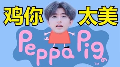 这张图片是'鸡你太美' meme的二次创作，将蔡徐坤的面部与Peppa Pig的身体合成。背景为浅蓝色，上方有黄色大字'鸡你太美'，下方是粉色的'Peppa Pig'字样及标志。整体风格幽默，结合了网络热梗与卡通形象，具有典型的鬼畜 meme 特征。