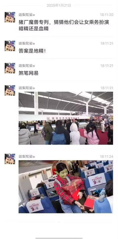 2025年1月21日，用户「迦梨陀娑」发布社交动态吐槽网易的《魔兽世界》主题春运高铁专列：先是猜测女乘务会扮演暗夜精灵或血精灵，结果揭晓是地精，随即不满吐槽「煞笔网易」，并配上了高铁站的魔兽专列外观图，以及列车里女乘务化妆成地精模样给乘客分发礼盒的照片。玩家因cos选角和预期的精美种族差距过大，产生强烈的不满情绪。