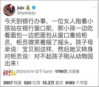 这是一个网络流行的段子截图，大意是一位女子带着刚从动物园出来的孩子去银行办事，孩子误把银行柜员当成动物园里的动物，把面包从窗口塞给柜员，场面十分有趣和温馨。家长的幽默补充让整个故事增添了反差萌和轻松氛围。该梗常用于调侃生活中的误会或小朋友的童真行为，也体现出大人幽默化解尴尬的方式。

没有明显的双关或谐音梗，但有角色错位的萌感，属于"反差萌"。