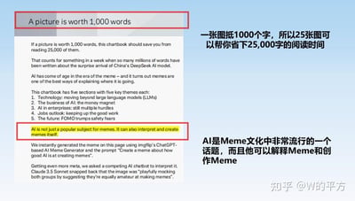 这张图片以英文和中文结合的方式，探讨了“一张图片抵一千个字”这一说法，并引入AI在Meme（网络梗图）文化中的流行地位。图片中心内容是英文说明，强调AI不仅是热门的Meme话题，还可以解析和创造Meme。图片右侧配以中文解读，说明AI驱动下的信息压缩和Meme创作解放。

有双关：AI既是Meme的话题，也是创作者，具备自反性。