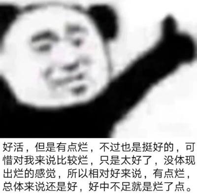 图片主体为一个经典的熊猫头表情包角色，面部表情略显困惑，一只手臂向上抬起。图片底部配有一段矛盾的文字评论：“好活，但是有点烂，不过也是挺好的，可惜对我来说比较烂，只是太好了，没体现出烂的感觉，所以相对好来说，有点烂，总体来说还是好，好中不足就是烂了点。” 这段文字通过反复在“好”与“烂”之间切换，形成幽默的矛盾效果，表达一种含糊不清、难以定论的评价态度。