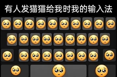 图片展示了一个创意键盘设计，所有按键都被哭泣表情符号😢取代，顶部文字写着'有人发猫猫给我时我的输入法'，幽默地表达了收到可爱猫咪图片时激动得只能用哭脸表情回应的心情。