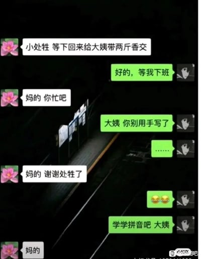 这是一段家庭聊天记录截图，大姨使用手写输入时，因识别错误闹出笑话：将“小外甥”识别成“小处牲”，“香蕉”识别成“香交”，后续感谢时又将“谢谢外甥了”写成“谢谢处牲了”。外甥发现后让大姨别用手写输入，还建议大姨学拼音，大姨最后只回复了“妈的”，整个对话因手写输入的识别错误充满了搞笑效果，让人哭笑不得。