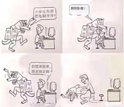 这是一组四格连环线稿漫画，采用卡通拟人风格：
1. 第一格：一只背着写有“黄色视频”袋子的拟人狼，手持刀具，凶神恶煞地对着坐在电脑前的男子喊道“小学生乖乖把电脑开开！”，摆出胁迫的姿态；
2. 第二格：狼凑到电脑屏幕前查看内容，瞬间露出惊恐的表情，大喊“啊呀卧槽！”，显然被屏幕里的内容吓到；
3. 第三格：狼惊慌失措地转身想要逃跑，男子则淡定地开口说“你想来就来，想走就走啊~”，气场完全反转；
4. 第四格：男子直接将狼按在地上，狼彻底失去了之前的嚣张气焰，狼狈不堪。
漫画通过强烈的反差制造搞笑效果，原本的施害者狼反而被电脑内容震慑，最后反被制服，调侃了不良内容的反噬，充满反套路的趣味。