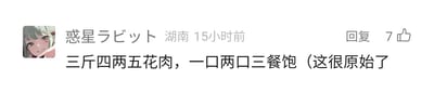 这是一张社交媒体平台的评论截图，左上角是一个绿发动漫女性头像，头像中的人物面带微笑，脸颊带有粉色红晕。用户昵称为日文“惑星ラビット”，显示所在地为湖南，评论发布时间为15小时前，该评论右侧显示获得了7个点赞，还有回复按钮。评论正文是一句用数字串联的趣味语句：“三斤四两五花肉，一口两口三餐饱（这很原始了”，前半句以重量数字描述食材，后半句以进食数量和餐次数字描述日常饮食状态，括号内的补充内容调侃这种饮食方式简单直接，整体风格轻松诙谐。