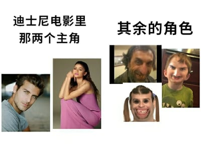 这是一张对比类梗图，左侧标题为“迪士尼电影里那两个主角”，配有两张俊男美女的照片；右侧标题为“其余的角色”，配有三张外貌较为夸张、搞笑的人物照片。通过强烈的视觉对比，幽默地调侃迪士尼电影中主角通常颜值出众，而配角往往造型独特甚至有些滑稽的现象。