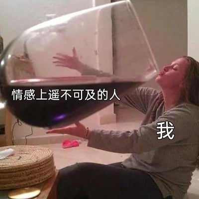 这是一张利用视觉错位效果制作的情感自嘲梗图。图中被标注为“我”的女子坐在地上，双手捧着一个巨大的红酒杯，仰头做出要将杯中酒一饮而尽的姿态；酒杯内部的一只手被标注为“情感上遥不可及的人”，通过这种夸张的视觉呈现，生动地比喻了自己在感情中执着于一个无法触及的对象，试图抓住这份遥不可及的情感，充满了自嘲与无奈的情绪，精准戳中了人们在单恋或失意感情中的心境。