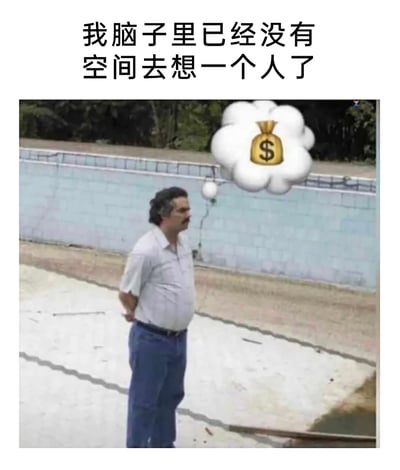 这是一张网友二次创作的网络表情包，上方配有文字“我脑子里已经没有空间去想一个人了”，图中是一位背着手站立的中年男性，他的头部旁添加了一个思想泡泡，泡泡内是带有美元符号的钱袋，以此幽默地表达了当代人一心专注于搞钱，没有精力和心思去顾及感情、想念他人的心态，用夸张又写实的方式调侃了当下很多人对金钱的重视程度。