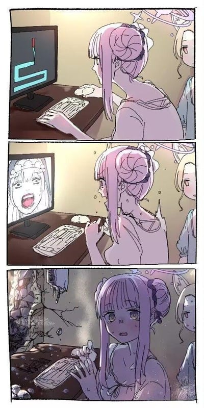 这是一组三格连环漫画，描绘了手游《蔚蓝档案》中的角色圣园弥香玩恐怖游戏的全过程：第一格中，弥香正专注地操作键盘鼠标，盯着屏幕上的解谜类游戏画面；第二格中，屏幕突然跳出狰狞的鬼脸特写，弥香瞬间露出惊恐万分的表情，身体紧绷，显然被吓得不轻；第三格中，这份惊吓仿佛打破了次元壁，现实中的房间也开始碎裂崩坏，她满脸惊惧，双手僵硬，完全被吓破了防。旁边的金发角色则全程平静地旁观着这一切，漫画通过温柔角色和被吓破防的反差感，调侃了玩家玩恐怖游戏时的真实反应。