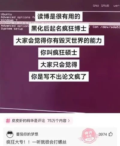 图片模仿GNU GRUB启动菜单界面（紫色背景，含Ubuntu选项等系统文字），叠加白色块状幽默文字：‘读博是很有用的 黑化后起名疯狂博士 大家会觉得你有毁灭世界的能力 你叫疯狂硕士 大家只会觉得 你是写不出论文疯了’。底部显示皮皮虾平台的评论区样式，含‘# 皮皮虾的精华评论 75万个内容 >’及用户‘番茄你的梦想’的评论‘疯狂大专！一听就会打螺丝’，获3974赞。整体通过对比博士与硕士的‘疯狂’头衔引发的不同联想，调侃学术生活中的幽默反差。
