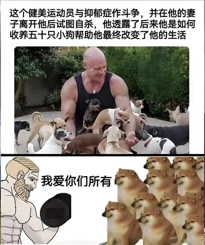 图片分为上下两部分。上半部分是一张真实照片，一位肌肉发达的健美运动员穿着黑色背心，被数十只不同颜色和品种的小狗围绕，他面带微笑，正与小狗们亲密互动，背景是绿色的灌木丛。照片上方配有文字，讲述他曾与抑郁症斗争、妻子离开后试图自杀，后来通过收养五十只小狗改变生活的故事。下半部分是一幅卡通插画，描绘了一个类似的健壮男子，留着胡须，左手举着标有“200”的哑铃，周围环绕着多只柴犬，画面中间有文字“我爱你们所有”。整体传递出宠物治愈心灵的温暖主题。