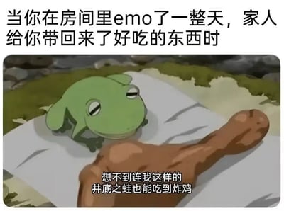 当你在房间里emo了一整天，结果家人突然带好吃的回来，心情瞬间好转。这张梗图用了一只井底之蛙盯着炸鸡腿的动画截图，配上自嘲和无奈中带点惊喜的文案，形象表达了低落情绪下突然被关爱的小确幸。画面和文字量身定制，带有典型网络幽默风格。

**暗喻和双关说明**：图中文字中“井底之蛙”暗指自我封闭、情绪低落的人，炸鸡腿是意外的幸福，具备轻微反差萌。