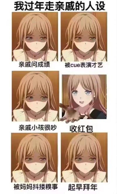 这是一张展示过年走亲戚时六种不同反应的六格漫画梗图。每张图都有同一个动漫女孩面对不同过年场景时的表情变化：亲戚问成绩时的严肃、被要求表演才艺时的为难、亲戚小孩吵闹时的无奈、收红包时的开心伸手、被妈妈讲糗事时的尴尬、早起拜年时的困倦。通过夸张的表情对比，幽默地展现了年轻人过年走亲戚时的真实心理状态。