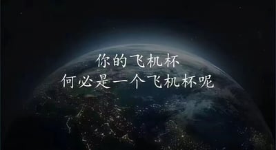 一张地球从太空视角拍摄的夜景照片，地球表面可见城市灯光形成的脉络。图片中央叠加了白色文字："你的飞机杯 何必是一个飞机杯呢"。这种将宏大宇宙视角与低俗成人用品话题并置的方式，创造出一种荒诞幽默的效果。