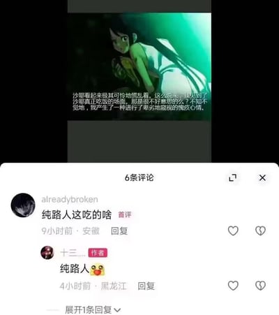 这是一张结合视觉小说《沙耶之歌》剧情与短视频平台评论的梗图。上方是《沙耶之歌》的剧情截图，文字描述主角撞见沙耶“进食”场景后产生愧疚感；下方评论区中，路人用户提问“纯路人这吃的啥”，作者回复“纯路人”加花痴表情。梗的核心在于《沙耶之歌》里沙耶的“食物”是人类，路人的提问戳中暗黑设定，作者用“纯路人”玩梗，假装不懂实则暗示懂梗者知晓其中恐怖内涵，形成反差搞笑的效果。