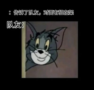 图片上方文字为“告诉了队友，对面有狙在架”，下方标注“队友：”并配有《猫和老鼠》中Tom从墙后探出头、露出调皮微笑的经典动画截图。通过Tom戏谑的表情，幽默地表现出游戏中队友在收到“对面有狙击手架枪”的提醒后，可能不当回事或准备做出出人意料举动的场景，充满调侃意味。