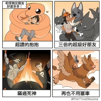 这是一张四格连环漫画，主题为“和怪物交朋友好處多多！”。第一格中，一个黑发男孩被巨大的橙色大蟒蛇温柔环绕拥抱，蛇吐着舌头，旁边有爱心，下方配文“超讚的抱抱”；第二格，戴橙色帽子的女孩被三只灰狼围绕，她正喂食骨头，灰狼们亲昵地蹭她，配文“三倍的超級好朋友”；第三格，黑衣男孩站在火山旁，旁边是肌肉发达的骷髅怪物，两者都咧嘴笑，配文“瞞過死神”；第四格，兔子骑在展翅飞行的狮鹫兽背上，两者都开心大笑，配文“再也不用塞車”。整体风格温馨搞笑，通过奇幻设定展现与怪物交朋友的各种“好处”。