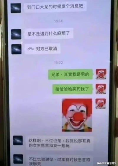 这是一段模拟微信风格的聊天记录截图，对话围绕游戏陪玩展开：深色头像的用户原本以为对方是女生，约好游戏里到大龙位置时发消息，之后担心对方遇到麻烦还发起了通话但被取消。随后绿色气泡的用户坦白自己其实是男生，还发送了大笑的小丑表情包自嘲。而深色头像的用户则表示早就怀疑没有女生愿意陪自己玩，同时感谢对方过年愿意陪自己聊天。整个对话先是带着玩笑的整活感，后续的回复却透露出玩家的孤独，形成了搞笑又略带心酸的反差，最后又因那句感谢多了一丝暖意。