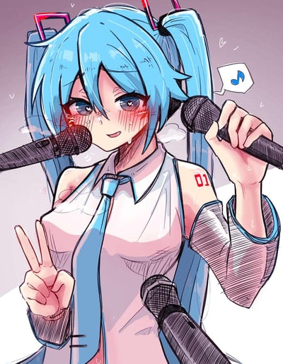 这是一幅虚拟歌手初音未来的同人插画，她以经典的蓝发双马尾公式服造型登场，左臂的标志性「01」标识清晰可见。初音未来脸颊泛红、挂着汗珠，眼睛变成爱心形状，神态害羞又带着元气；她手持两支麦克风，一只贴近脸侧，一只举在手中，还对着镜头比出V字手势，旁边的对话气泡里有音符符号，看起来像是刚完成一场卖力的演唱，整个人散发着可爱又投入的氛围。