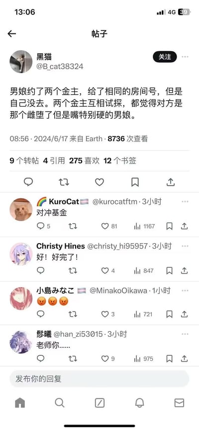 这是一张类推特社交平台的竖屏截图，用户@B_cat38324发布了一个搞笑段子：男娘约了两个金主，给了相同的房间号却自己没去，结果两个金主互相试探，都误以为对方是嘴硬的男娘。这条动态获得了8736次查看，以及转帖、喜欢等互动。下方评论区里，用户@kurocatftm用“对冲基金”精准玩梗调侃段子里的情节，将其类比为金融对冲操作，其他用户也纷纷发出感叹类的评论，整体氛围搞笑戏谑，充满网络玩梗的趣味。