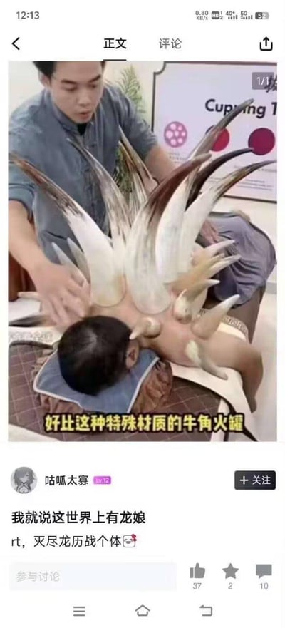 这是一张社交媒体平台的截图内容，画面上半部分是一个拔罐理疗场景：一位师傅正在为趴在床上的顾客进行拔罐，使用的是造型尖锐、数量众多的特殊牛角火罐，这些火罐吸附在顾客后背上，视觉效果酷似长出了大量尖刺；画面下半部分是网友「咕呱太寡」的评论，该网友结合《怪物猎人：世界》中的灭尽龙外形特点玩梗，将拔罐的顾客调侃成游戏里的「灭尽龙历战个体」，还戏称「这世界上有龙娘」，用游戏角色的梗来吐槽奇特的拔罐造型，充满脑洞与趣味。