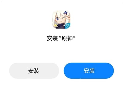 这是一张手机应用商店的设备界面截图，展示的是米哈游旗下游戏《原神》的安装页面。页面上方是《原神》的官方图标——角色派蒙俏皮眨眼、手比剪刀手的形象，图标右下角带有小米应用商店的标识；页面中间显示文字“安装‘原神’”；页面下方异常出现了两个“安装”按钮，一个为灰色样式，一个为蓝色样式，属于应用商店的UI显示故障，没有双关、谐音梗或暗示内容。