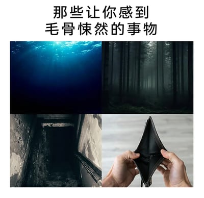 这是一张多图拼接的趣味梗图，标题为“那些让你感到毛骨悚然的事物”，包含四个不同场景：左上角是光线昏暗、深不见底的深海，未知的黑暗带来本能的恐惧；右上角是幽暗阴森的茂密森林，压抑的环境充满神秘与不安；左下角是废弃建筑里的黑暗楼梯间，破败的空间营造出诡异氛围；右下角是被双手撑开的空钱包，创作者用接地气的方式，将“经济拮据”这种现实焦虑也归为让人毛骨悚然的事，把经典恐怖场景和生活压力结合，引发大众共鸣。
