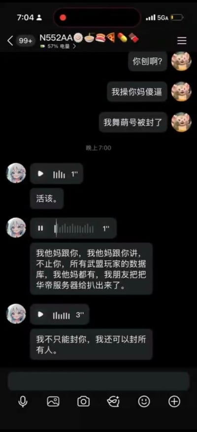 这是一张手机聊天界面截图，显示了两名用户的对话。左侧用户头像为灰色头发，右侧用户头像为猪的形象。右侧用户首先发送“你创啊?”“我操你妈傻逼”，随后表示“我舞萌号被封了”。左侧用户简短回复“活该。”后，右侧用户情绪激动地声称“我他妈跟你，我他妈跟你讲，不止你，所有武盟玩家的数据库，我他妈都有，我朋友把把华帝服务器给扒出来了”，并威胁“我不只能封你，我还可以封所有人。”整个对话充满冲突和威胁语气，涉及游戏账号封禁及数据安全相关内容。