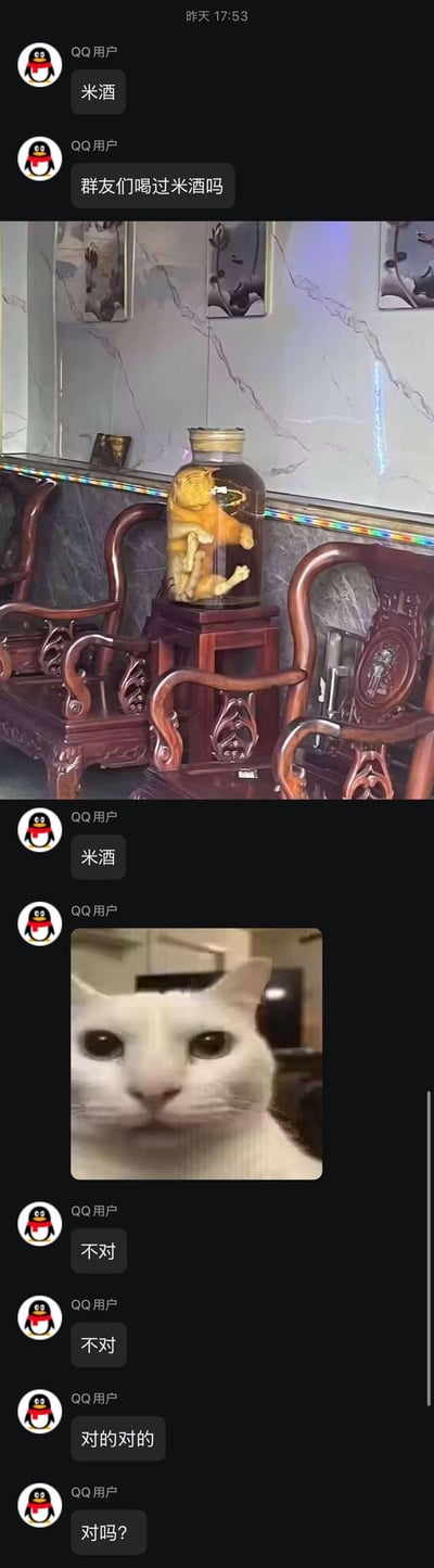 这是一段QQ群聊的截图内容，用户先发送“米酒”并提问“群友们喝过米酒吗”，随后放出一张泡酒罐里装着被P成老虎模样的猫咪的图片，制造“虎骨酒”的假象；接着用户再次发送“米酒”，并配上一张满脸疑惑的猫咪表情包，最后连发“不对”“不对”“对的对的”“对吗？”，通过视觉反差和趣味玩梗，营造出群聊整活的搞笑氛围，用猫咪伪装泡酒虎来和“米酒”的梗结合，属于网友自发的趣味恶搞内容。