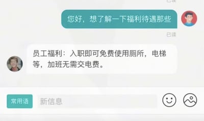 这是一张聊天记录截图，展示了求职者与企业方关于福利待遇的对话场景。求职者发送消息“您好，想了解一下福利待遇那些”，对方回复的“员工福利”内容却十分讽刺，包括“入职即可免费使用厕所，电梯等，加班无需交电费”，将本应是基础设施的使用和正常办公条件包装成福利，形成强烈的幽默反差，暗讽部分企业福利缺失的现象。