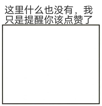 图片上方为黑色粗体文字“这里什么也没有，我只是提醒你该点赞了”，下方是一个黑色边框的空白矩形区域。整体设计简洁，通过“空白内容”与“明确的点赞提醒”形成反差，以幽默的方式引导用户进行点赞互动，常见于社交媒体内容结尾。