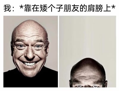 这是一张左右分栏的搞笑梗图，上方配有文字“我：*靠在矮个子朋友的肩膀上*”。左侧是美剧《绝命毒师》演员迪恩·诺里斯的照片，他咧嘴大笑，露出牙齿，表情十分开心，完整展示出脸部；右侧是同一个人的照片，但仅露出头顶和眼睛的上半部分，模拟出当自己个子比朋友高很多，想要靠在矮个子朋友肩膀上时，只能把头顶凑过去的视角。通过这种视觉上的差异，生动又搞笑地呈现出和矮个子朋友相处时的趣味身高差场景，引发有类似经历的人的共鸣。