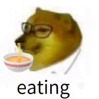 这是一张经过P图改编的静态表情包，主体是网络知名的Cheems柴犬形象，它被加上了黑框眼镜，正做出用筷子夹取面条的动作，旁边摆放着一碗带有红色花纹的拉面，图片底部配有英文文字“eating”。整体风格诙谐搞笑，常被用于在聊天或社交平台中表达自己正在吃饭的日常状态，传递出一种慵懒随性的氛围。